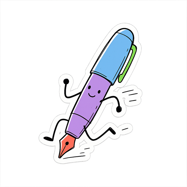 Sticker of a fountain pen character sprinting forward