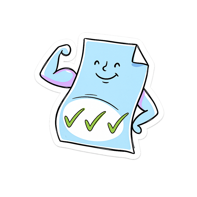 Sticker of a proud sheet-of-paper character flexing, checkmarks on its belly