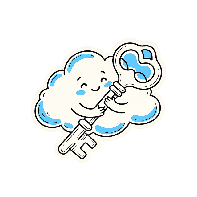 Sticker of a cloud character hugging a big key