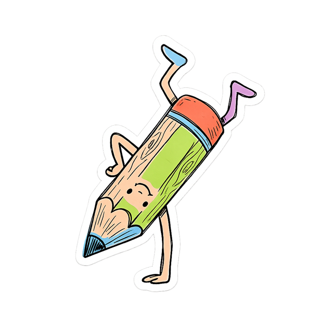 Sticker of a pencil character doing a one-arm handstand