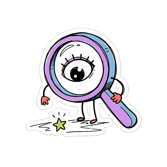 Sticker of a magnifying-glass character spotting a tiny doodle star