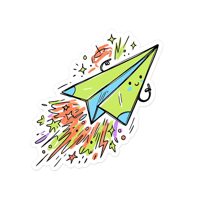 Sticker of a folded paper-plane character blasting upward